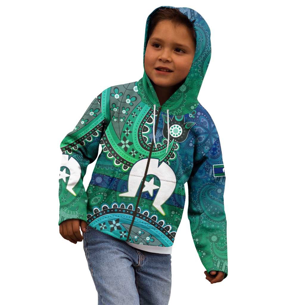 Torres Strait Islands Kid Hoodie Dhari Emblem Vibrant Teal Indigenous