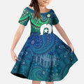 Torres Strait Islands Kid Short Sleeve Dress Dhari Emblem Vibrant Teal Indigenous