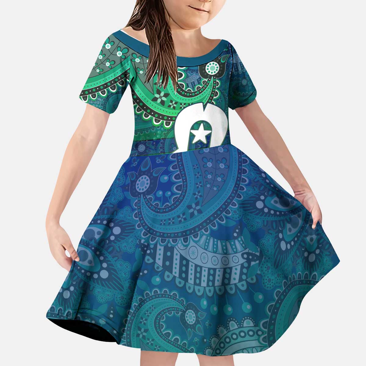 Torres Strait Islands Kid Short Sleeve Dress Dhari Emblem Vibrant Teal Indigenous