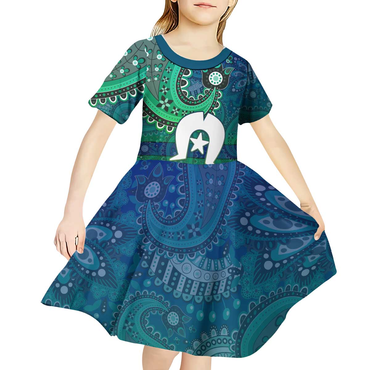 Torres Strait Islands Kid Short Sleeve Dress Dhari Emblem Vibrant Teal Indigenous