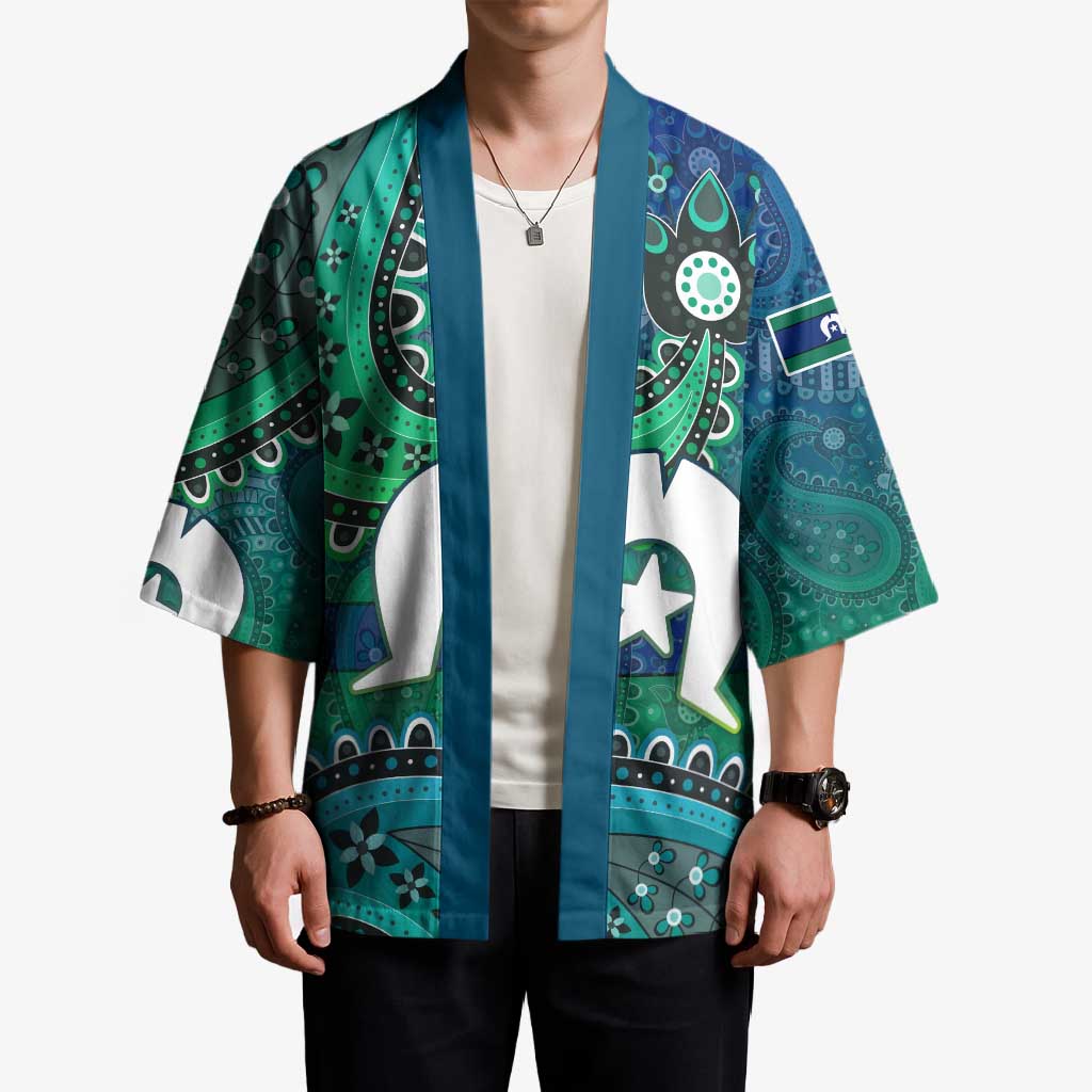 Torres Strait Islands Kimono Dhari Emblem Vibrant Teal Indigenous