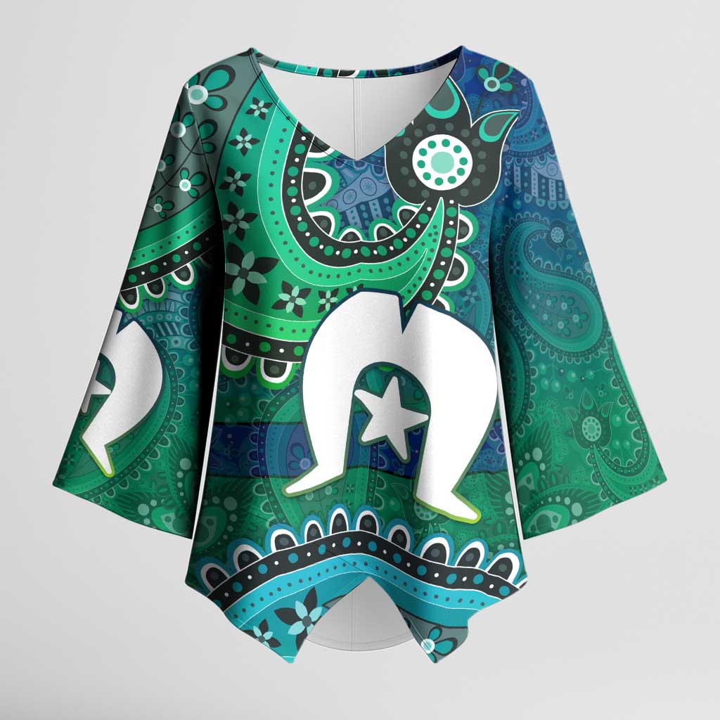 Torres Strait Islands Kimono Sleeve Blouse Dhari Emblem Vibrant Teal Indigenous