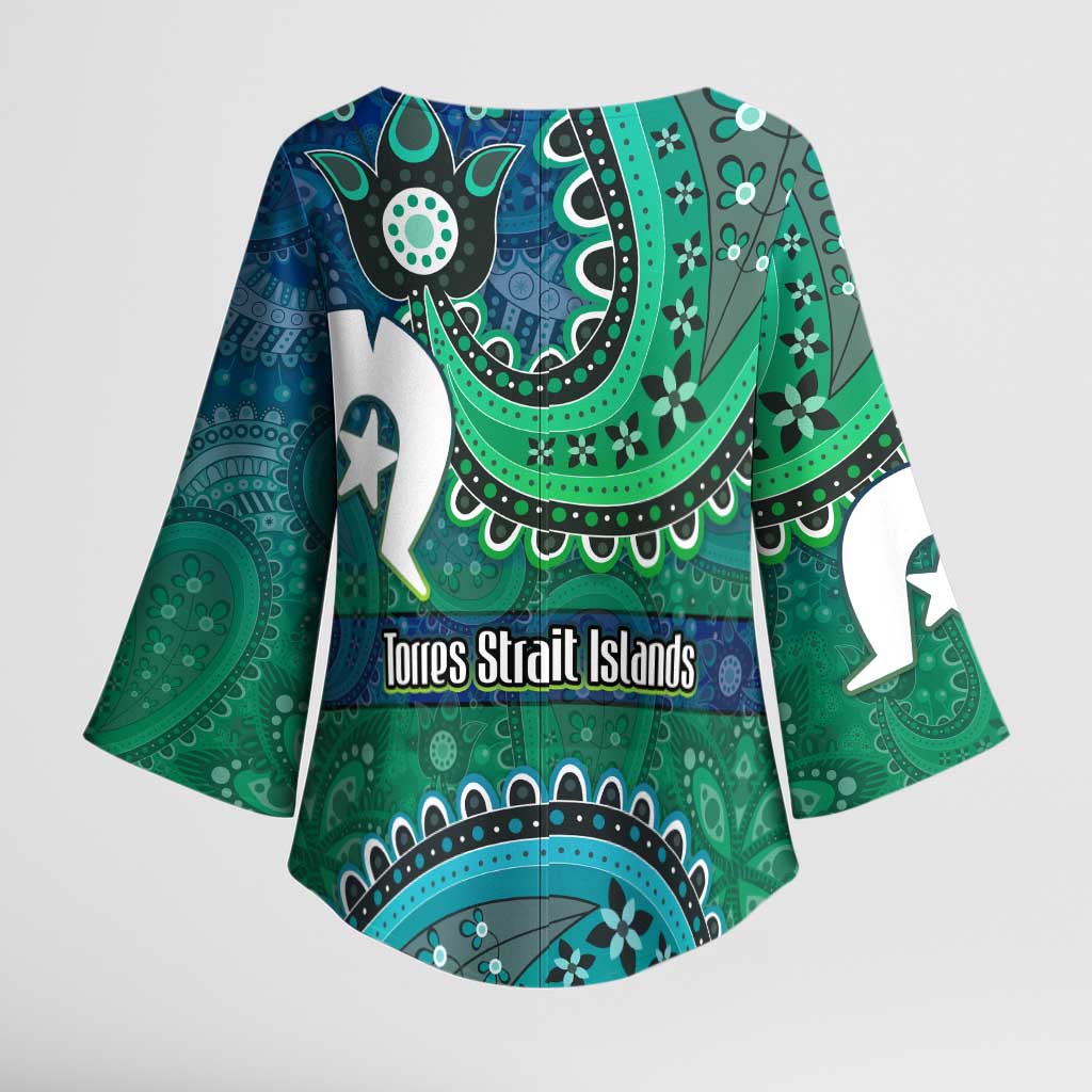 Torres Strait Islands Kimono Sleeve Blouse Dhari Emblem Vibrant Teal Indigenous