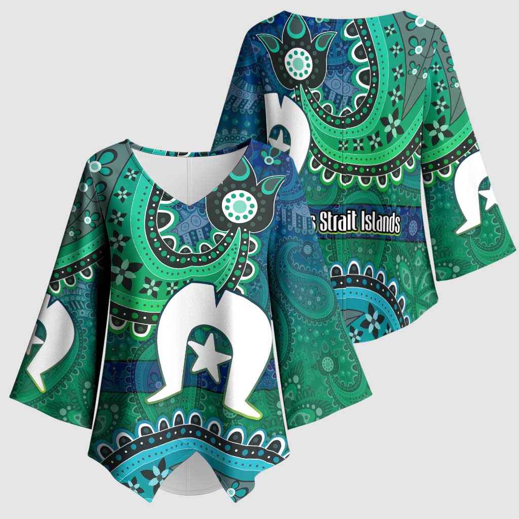 Torres Strait Islands Kimono Sleeve Blouse Dhari Emblem Vibrant Teal Indigenous