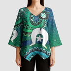 Torres Strait Islands Kimono Sleeve Blouse Dhari Emblem Vibrant Teal Indigenous