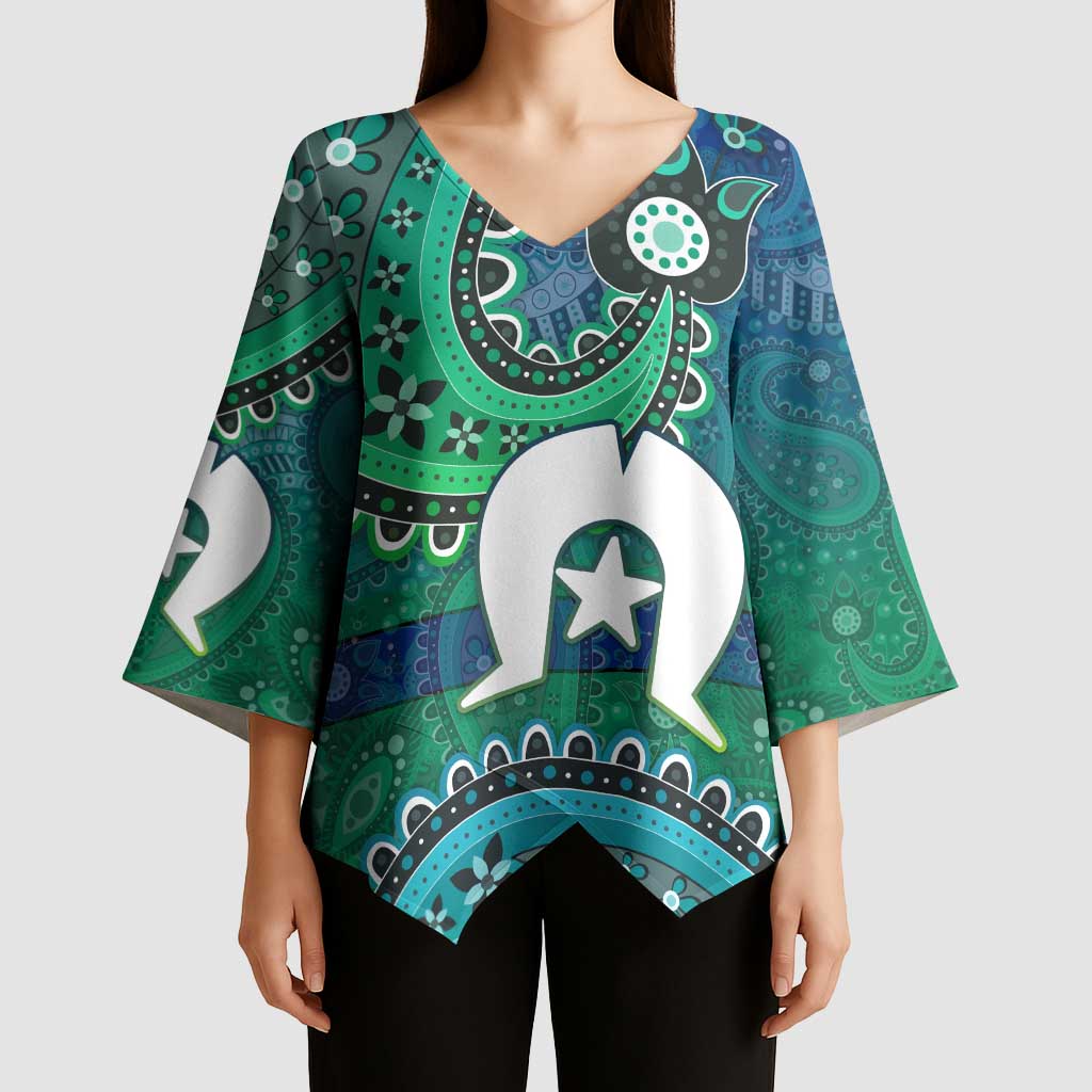 Torres Strait Islands Kimono Sleeve Blouse Dhari Emblem Vibrant Teal Indigenous