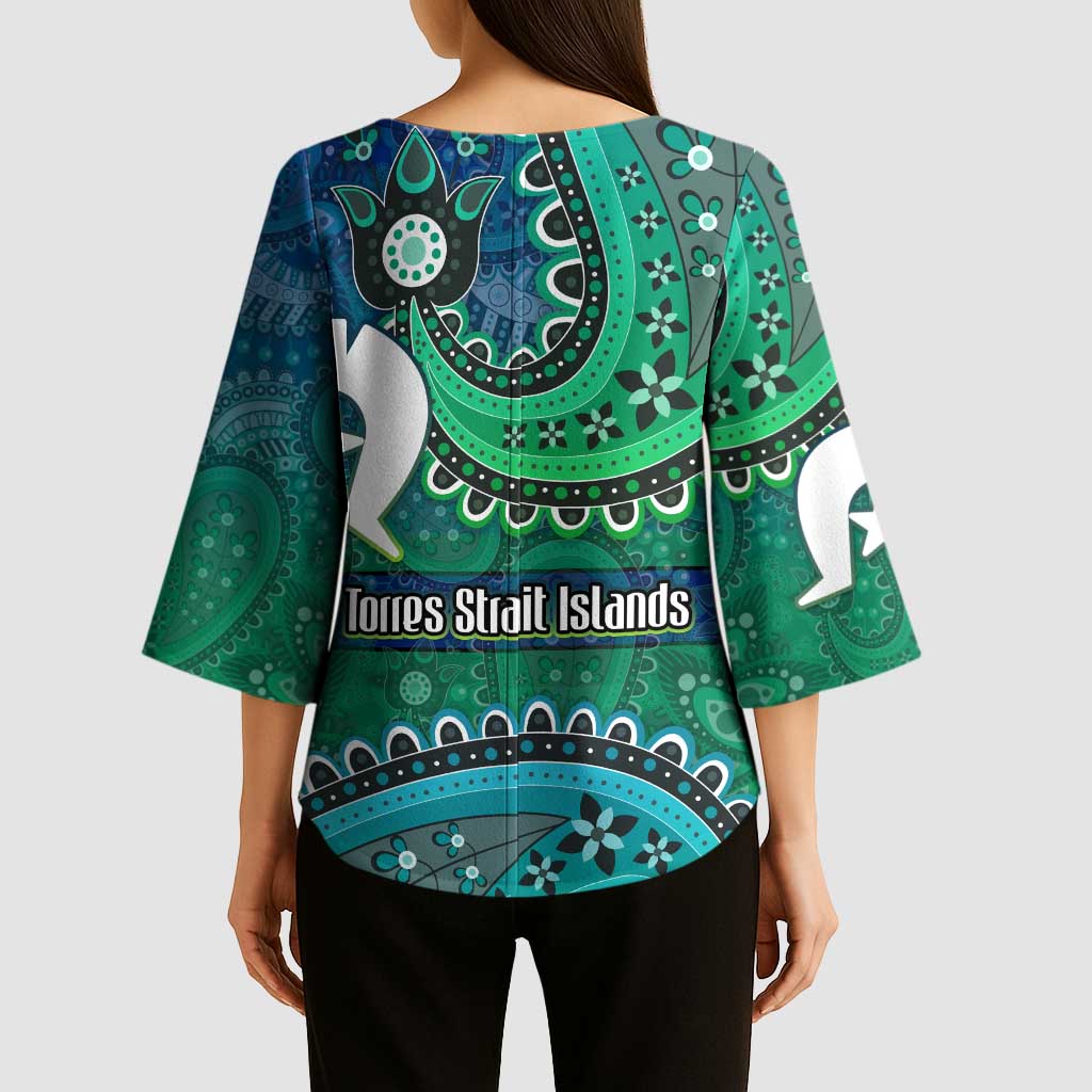 Torres Strait Islands Kimono Sleeve Blouse Dhari Emblem Vibrant Teal Indigenous