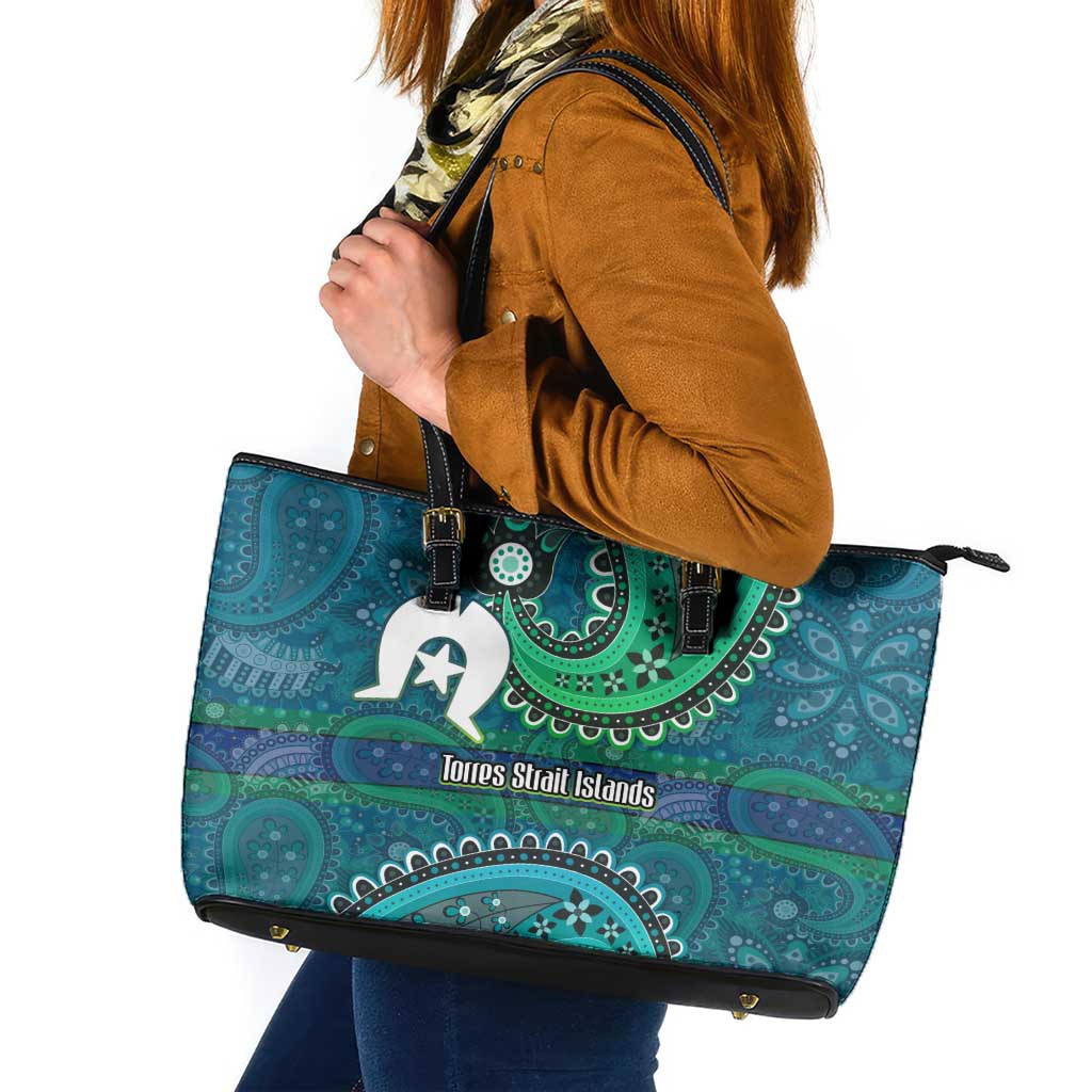 Torres Strait Islands Leather Tote Bag Dhari Emblem Vibrant Teal Indigenous