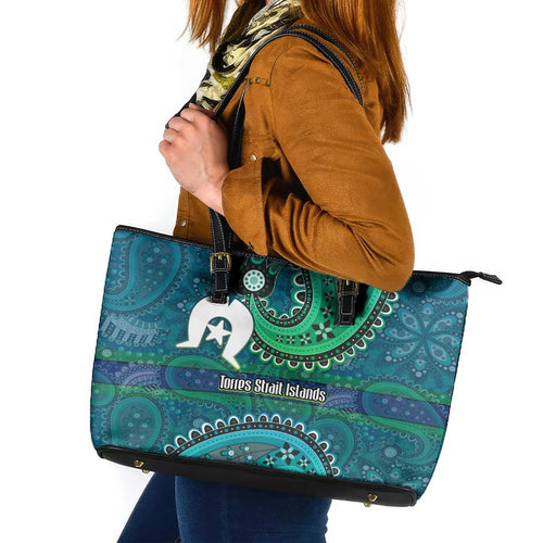 Torres Strait Islands Leather Tote Bag Dhari Emblem Vibrant Teal Indigenous