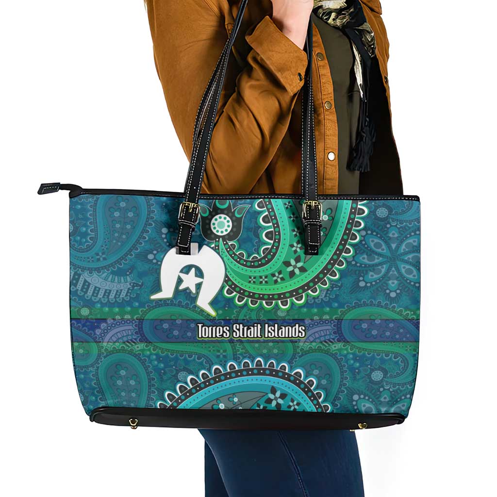 Torres Strait Islands Leather Tote Bag Dhari Emblem Vibrant Teal Indigenous