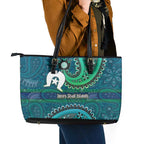 Torres Strait Islands Leather Tote Bag Dhari Emblem Vibrant Teal Indigenous