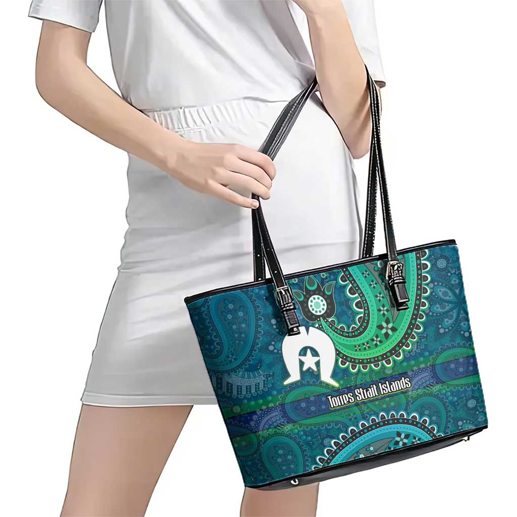 Torres Strait Islands Leather Tote Bag Dhari Emblem Vibrant Teal Indigenous