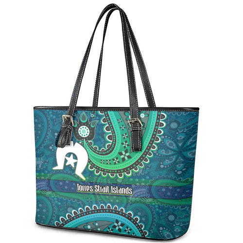 Torres Strait Islands Leather Tote Bag Dhari Emblem Vibrant Teal Indigenous