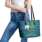 Torres Strait Islands Leather Tote Bag Dhari Emblem Vibrant Teal Indigenous