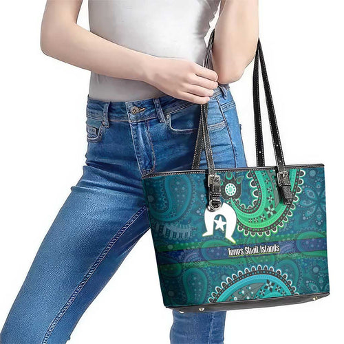 Torres Strait Islands Leather Tote Bag Dhari Emblem Vibrant Teal Indigenous