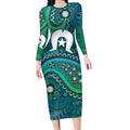 Torres Strait Islands Long Sleeve Bodycon Dress Dhari Emblem Vibrant Teal Indigenous