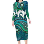 Torres Strait Islands Long Sleeve Bodycon Dress Dhari Emblem Vibrant Teal Indigenous