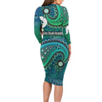 Torres Strait Islands Long Sleeve Bodycon Dress Dhari Emblem Vibrant Teal Indigenous