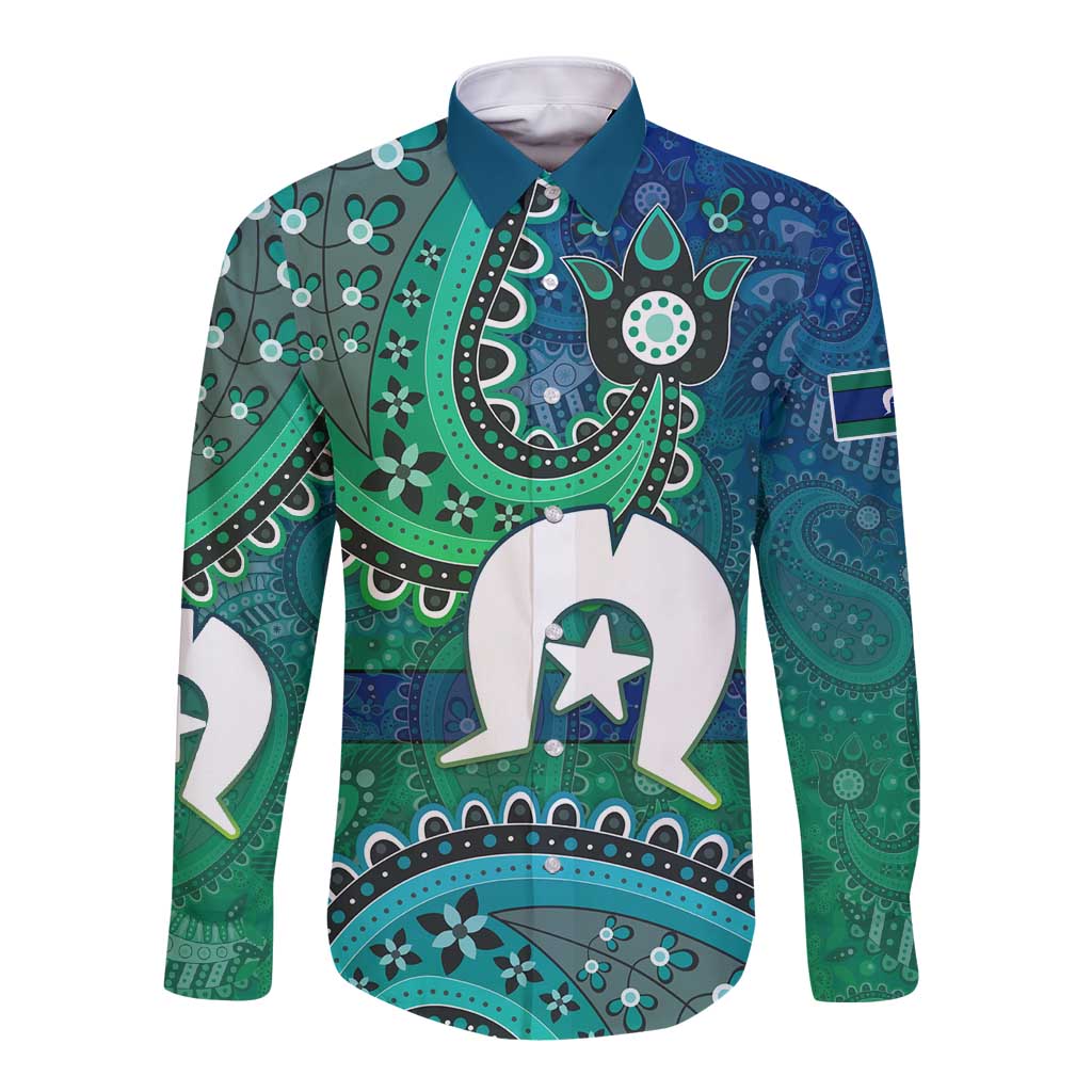Torres Strait Islands Long Sleeve Button Shirt Dhari Emblem Vibrant Teal Indigenous