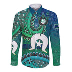 Torres Strait Islands Long Sleeve Button Shirt Dhari Emblem Vibrant Teal Indigenous