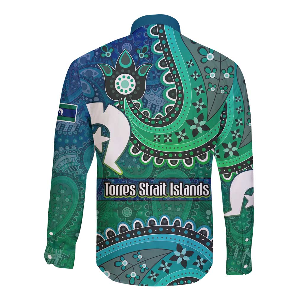 Torres Strait Islands Long Sleeve Button Shirt Dhari Emblem Vibrant Teal Indigenous