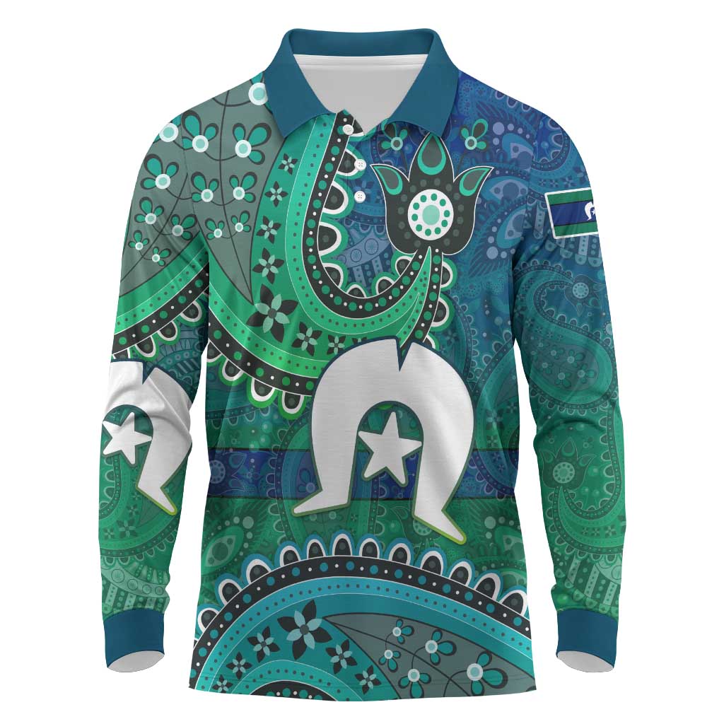 Torres Strait Islands Long Sleeve Polo Shirt Dhari Emblem Vibrant Teal Indigenous