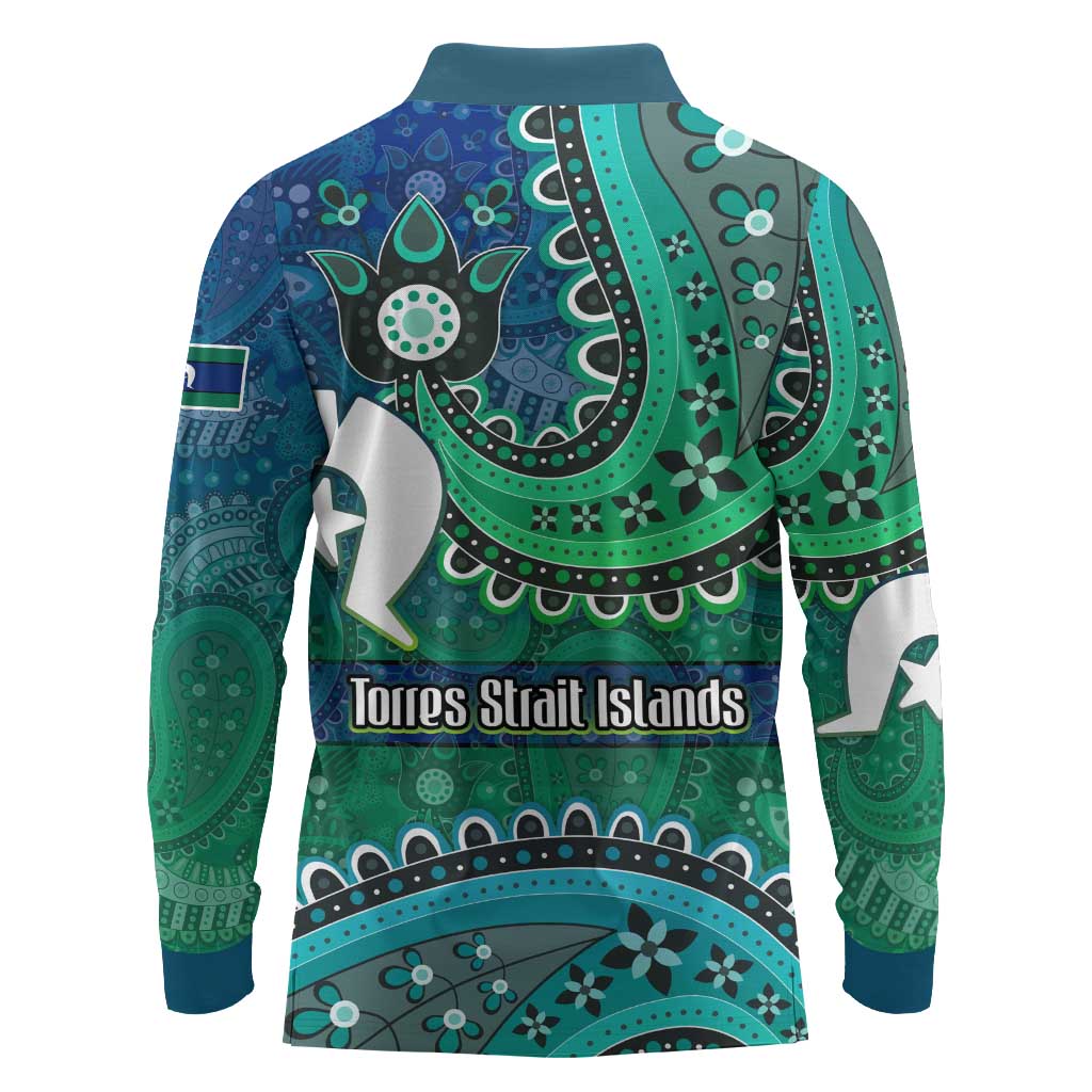 Torres Strait Islands Long Sleeve Polo Shirt Dhari Emblem Vibrant Teal Indigenous