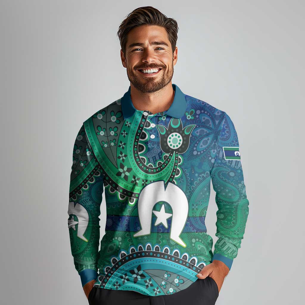 Torres Strait Islands Long Sleeve Polo Shirt Dhari Emblem Vibrant Teal Indigenous