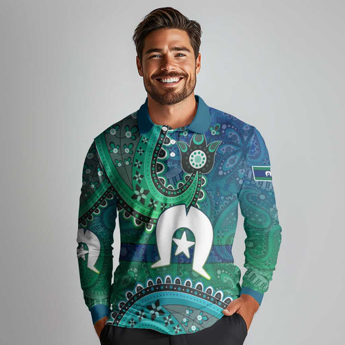 Torres Strait Islands Long Sleeve Polo Shirt Dhari Emblem Vibrant Teal Indigenous