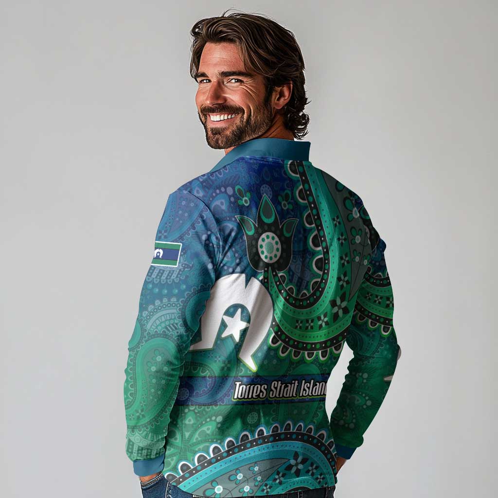 Torres Strait Islands Long Sleeve Polo Shirt Dhari Emblem Vibrant Teal Indigenous