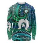 Torres Strait Islands Long Sleeve Shirt Dhari Emblem Vibrant Teal Indigenous