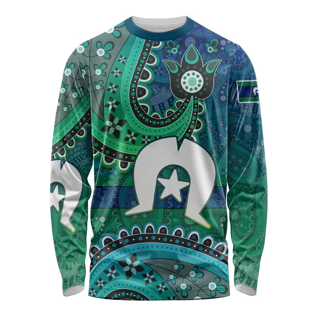 Torres Strait Islands Long Sleeve Shirt Dhari Emblem Vibrant Teal Indigenous