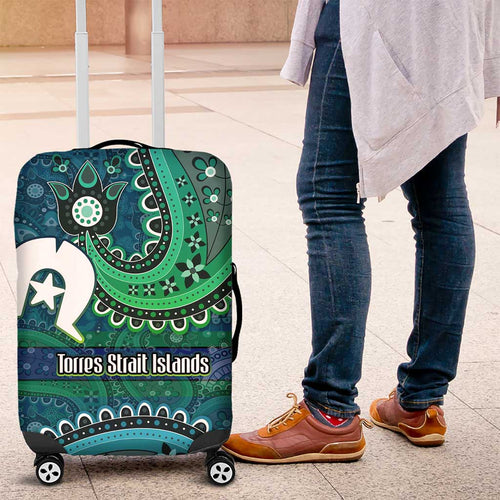 Torres Strait Islands Luggage Cover Dhari Emblem Vibrant Teal Indigenous