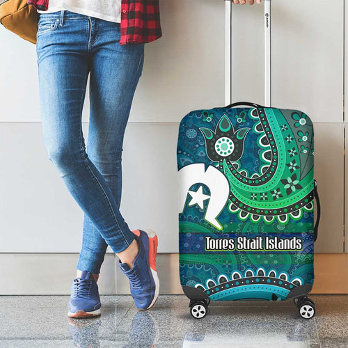 Torres Strait Islands Luggage Cover Dhari Emblem Vibrant Teal Indigenous