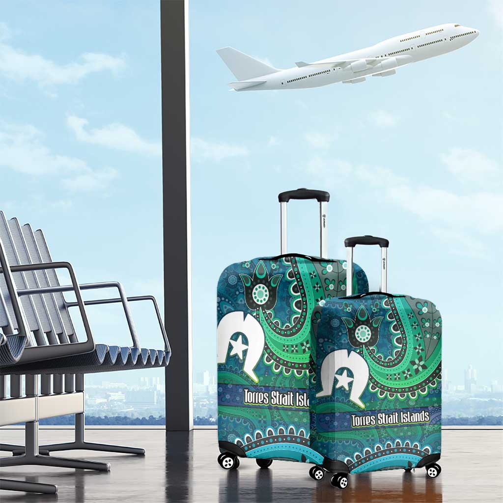 Torres Strait Islands Luggage Cover Dhari Emblem Vibrant Teal Indigenous