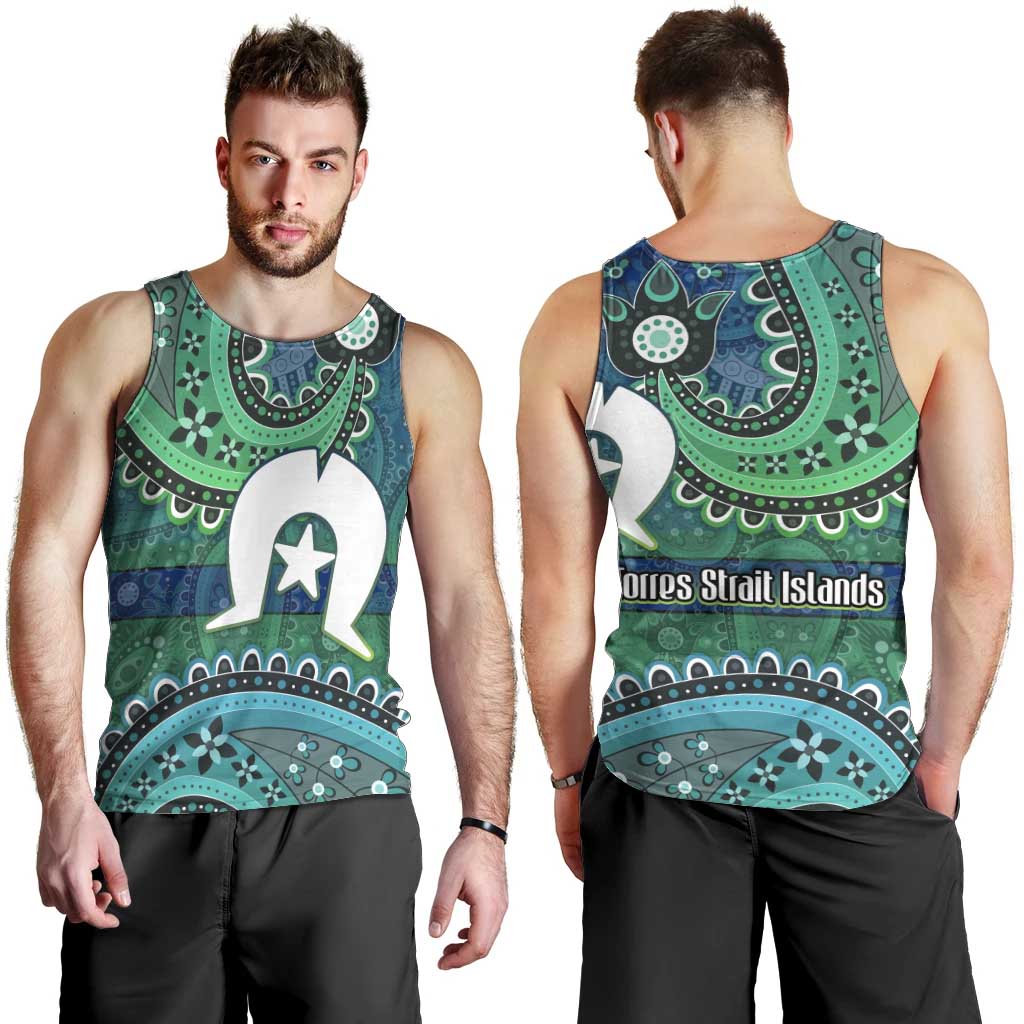 Torres Strait Islands Men Tank Top Dhari Emblem Vibrant Teal Indigenous