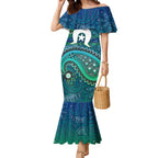 Torres Strait Islands Mermaid Dress Dhari Emblem Vibrant Teal Indigenous