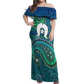 Torres Strait Islands Off Shoulder Maxi Dress Dhari Emblem Vibrant Teal Indigenous