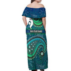Torres Strait Islands Off Shoulder Maxi Dress Dhari Emblem Vibrant Teal Indigenous