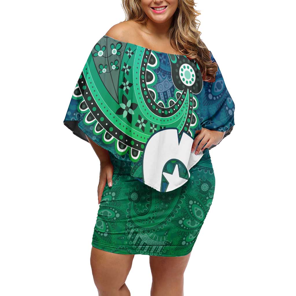 Torres Strait Islands Off Shoulder Short Dress Dhari Emblem Vibrant Teal Indigenous