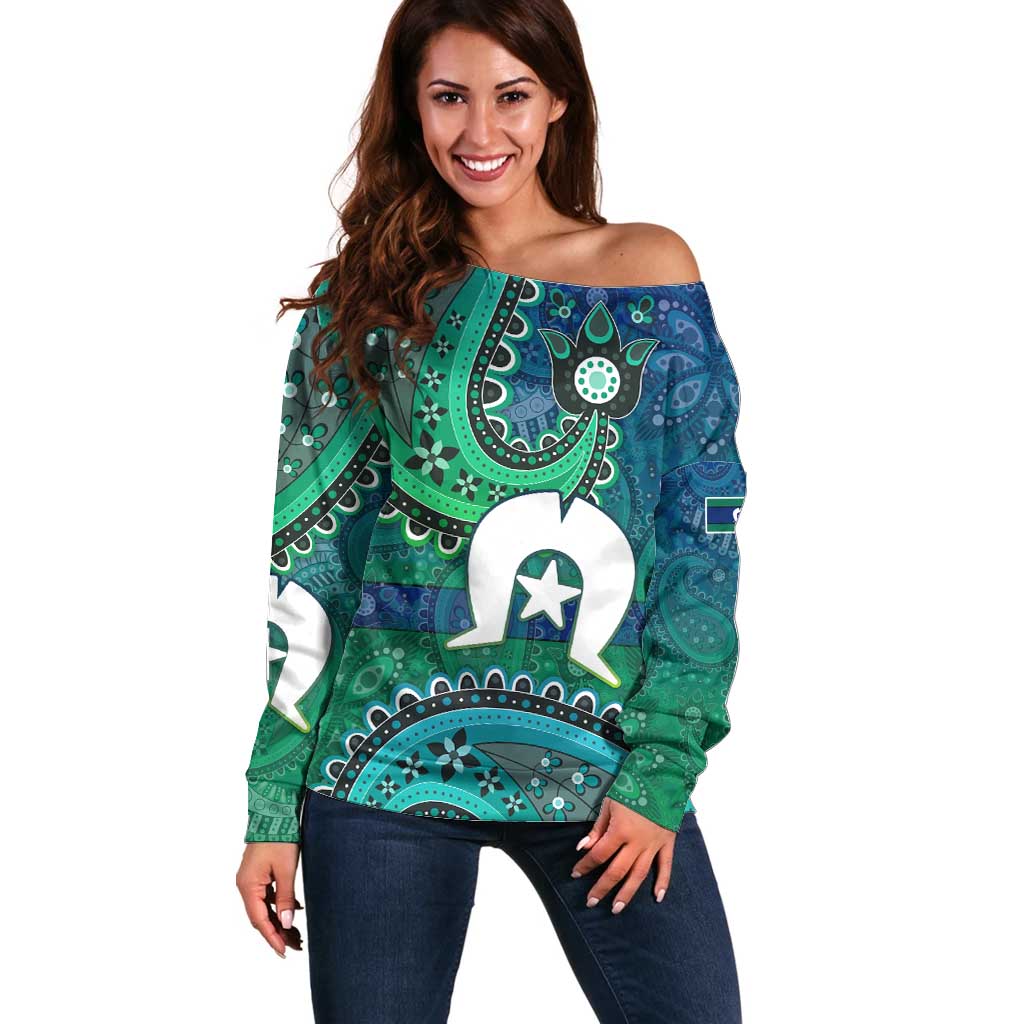 Torres Strait Islands Off Shoulder Sweater Dhari Emblem Vibrant Teal Indigenous
