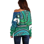 Torres Strait Islands Off Shoulder Sweater Dhari Emblem Vibrant Teal Indigenous