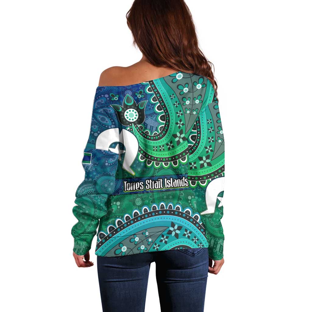 Torres Strait Islands Off Shoulder Sweater Dhari Emblem Vibrant Teal Indigenous