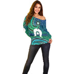 Torres Strait Islands Off Shoulder Sweater Dhari Emblem Vibrant Teal Indigenous