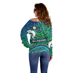 Torres Strait Islands Off Shoulder Sweater Dhari Emblem Vibrant Teal Indigenous