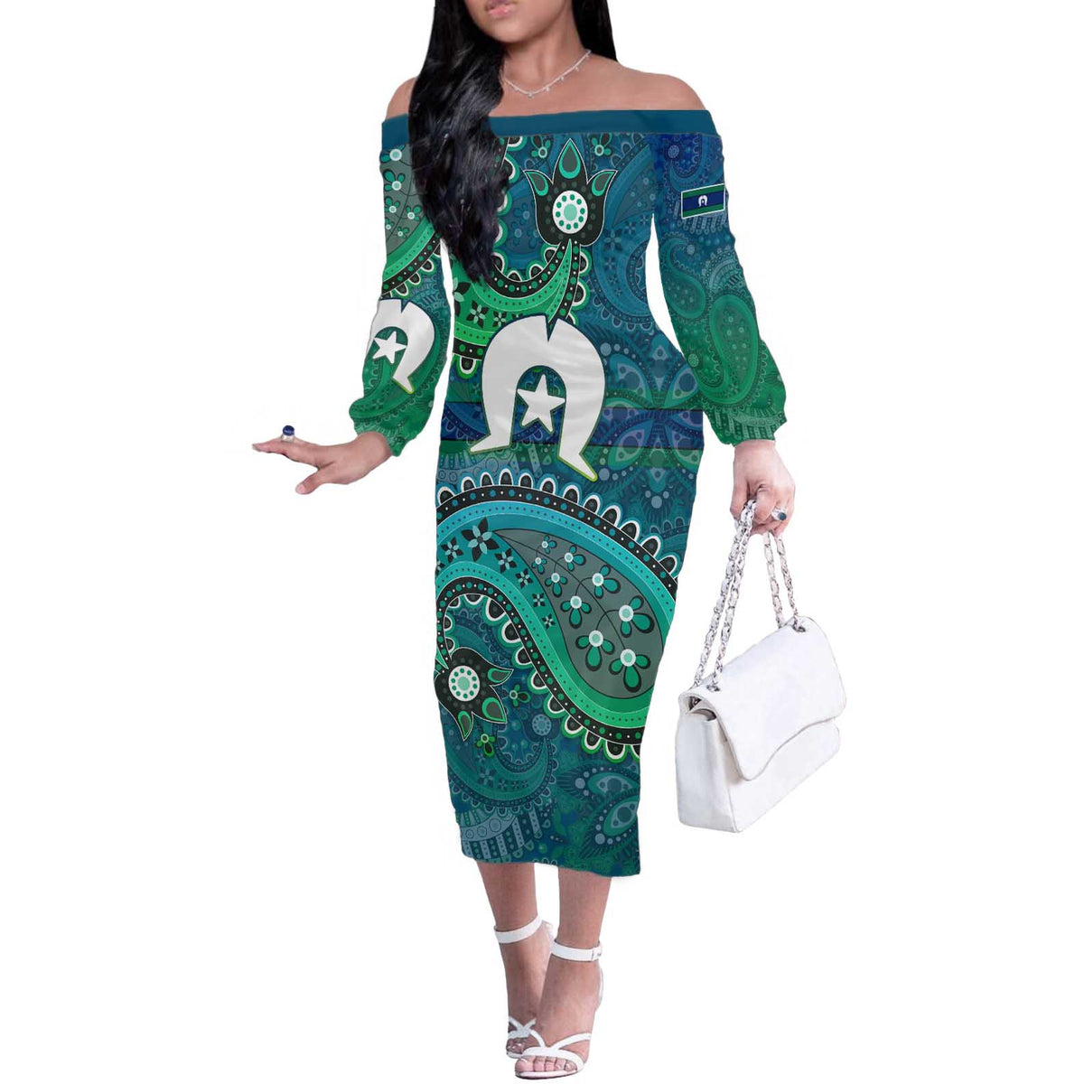 Torres Strait Islands Off The Shoulder Long Sleeve Dress Dhari Emblem Vibrant Teal Indigenous
