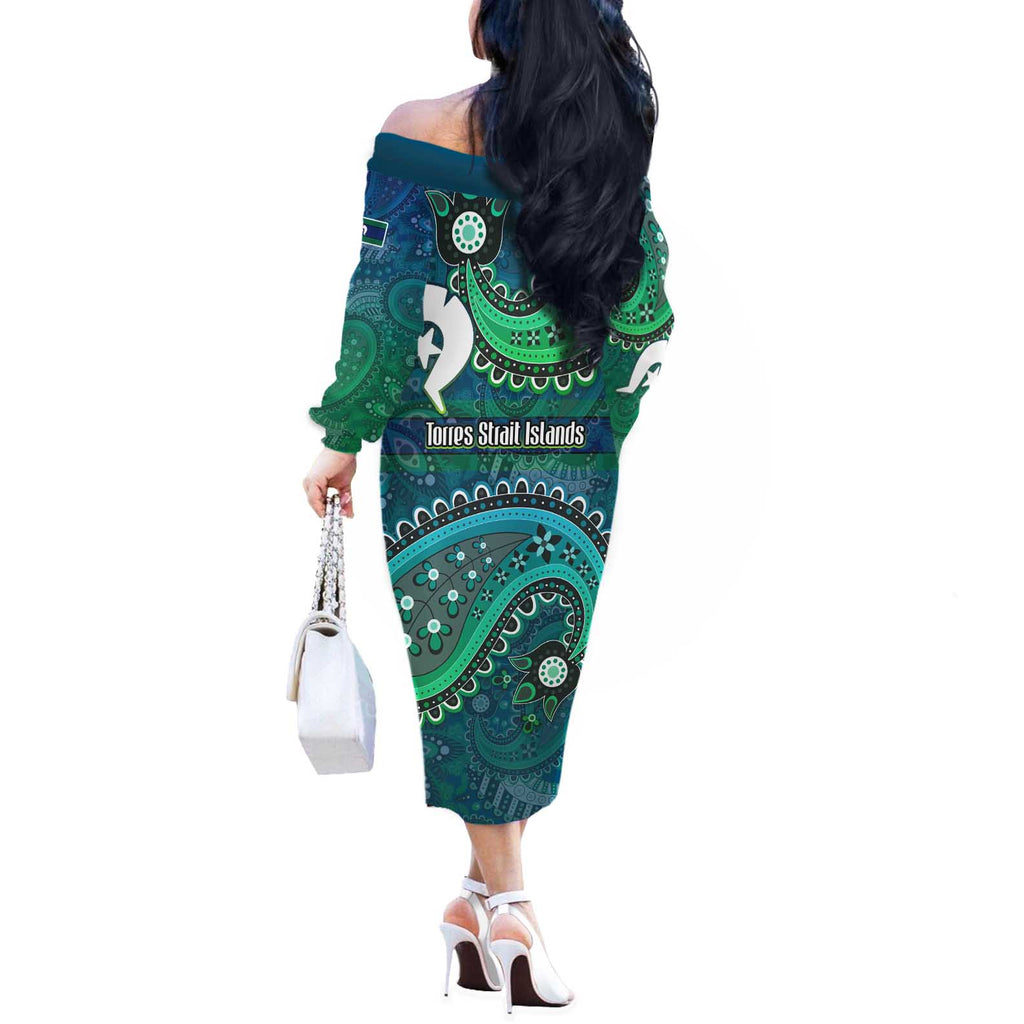 Torres Strait Islands Off The Shoulder Long Sleeve Dress Dhari Emblem Vibrant Teal Indigenous
