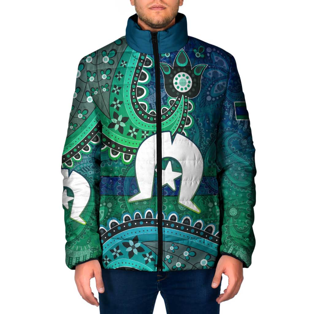 Torres Strait Islands Padded Jacket Dhari Emblem Vibrant Teal Indigenous
