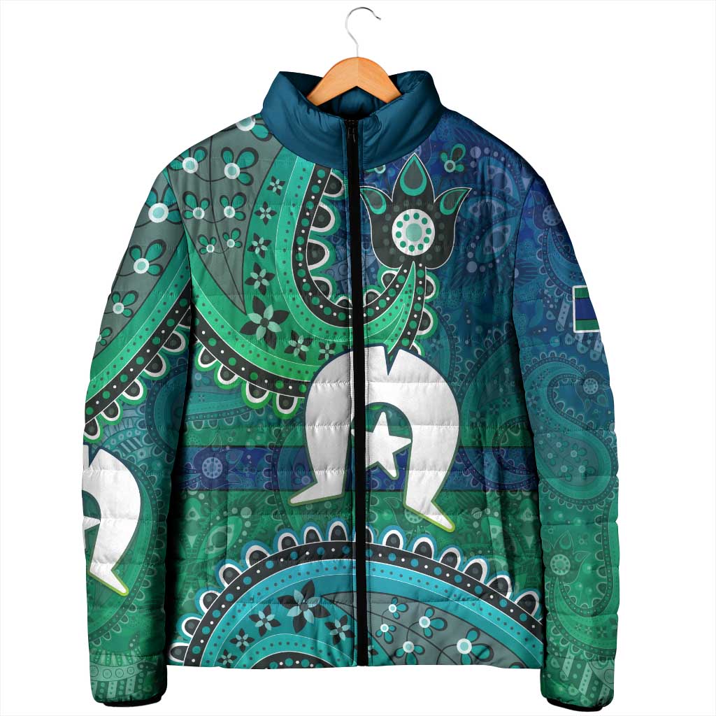 Torres Strait Islands Padded Jacket Dhari Emblem Vibrant Teal Indigenous