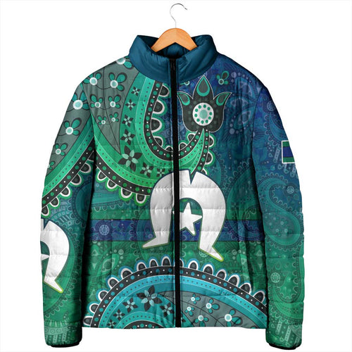 Torres Strait Islands Padded Jacket Dhari Emblem Vibrant Teal Indigenous